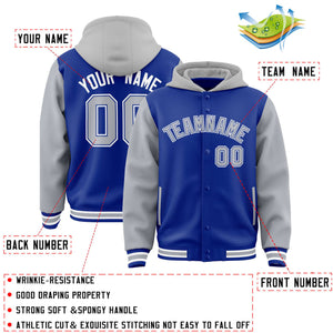 Custom Royal Gray Raglan Sleeves Varsity Full-Snap Letterman Two Tone Hoodie Jacket