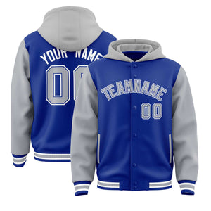 Custom Royal Gray Raglan Sleeves Varsity Full-Snap Letterman Two Tone Hoodie Jacket