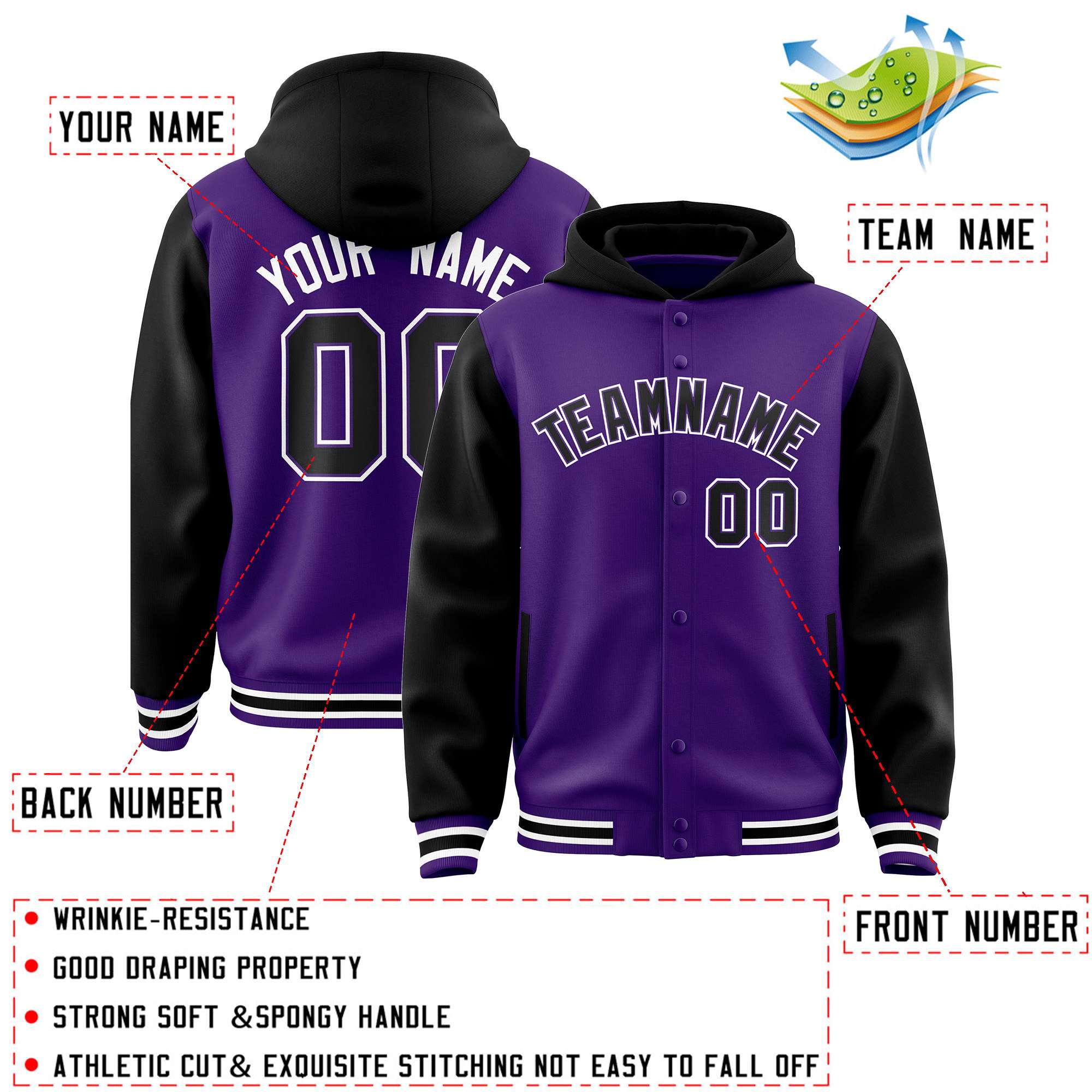 Custom Purple Black Raglan Sleeves Varsity Full-Snap Letterman Two Tone Hoodie Jacket