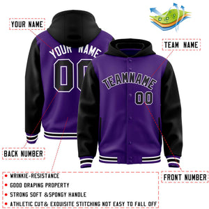 Custom Purple Black Raglan Sleeves Varsity Full-Snap Letterman Two Tone Hoodie Jacket