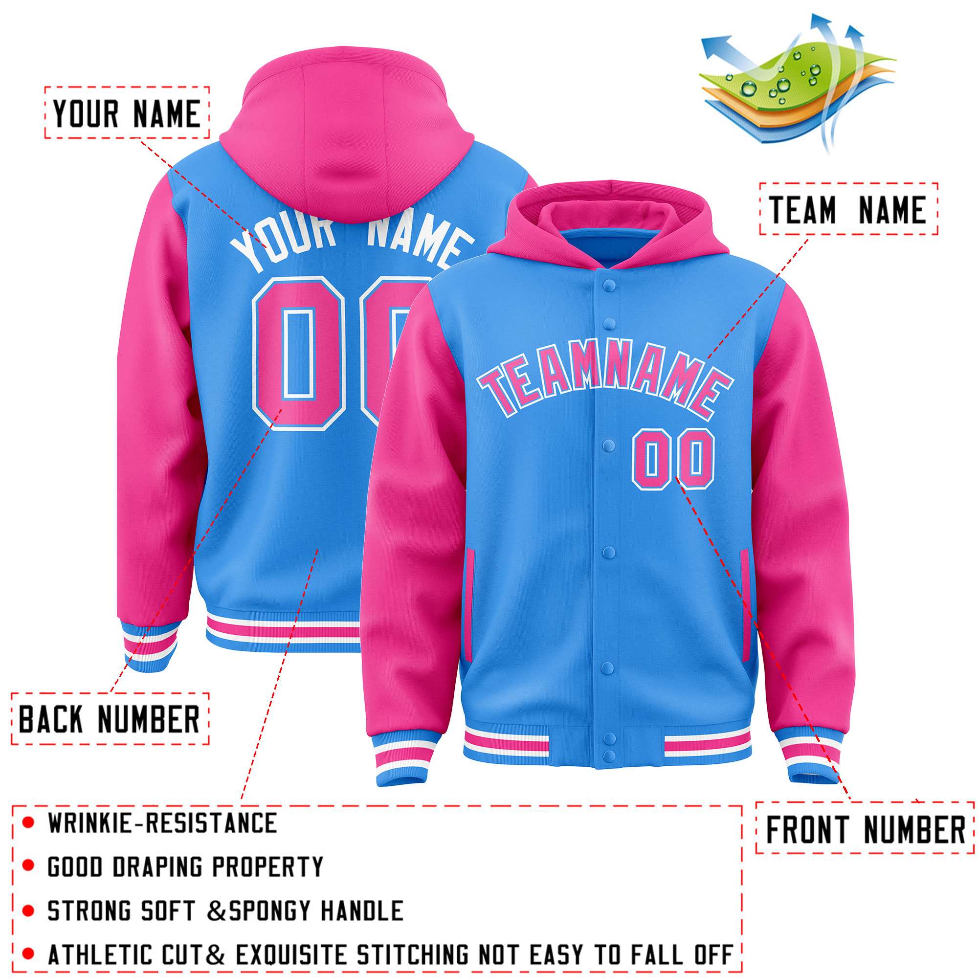 Custom Powder Blue Pink Raglan Sleeves Varsity Full-Snap Letterman Two Tone Hoodie Jacket