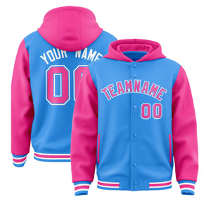 Custom Powder Blue Pink Raglan Sleeves Varsity Full-Snap Letterman Two Tone Hoodie Jacket