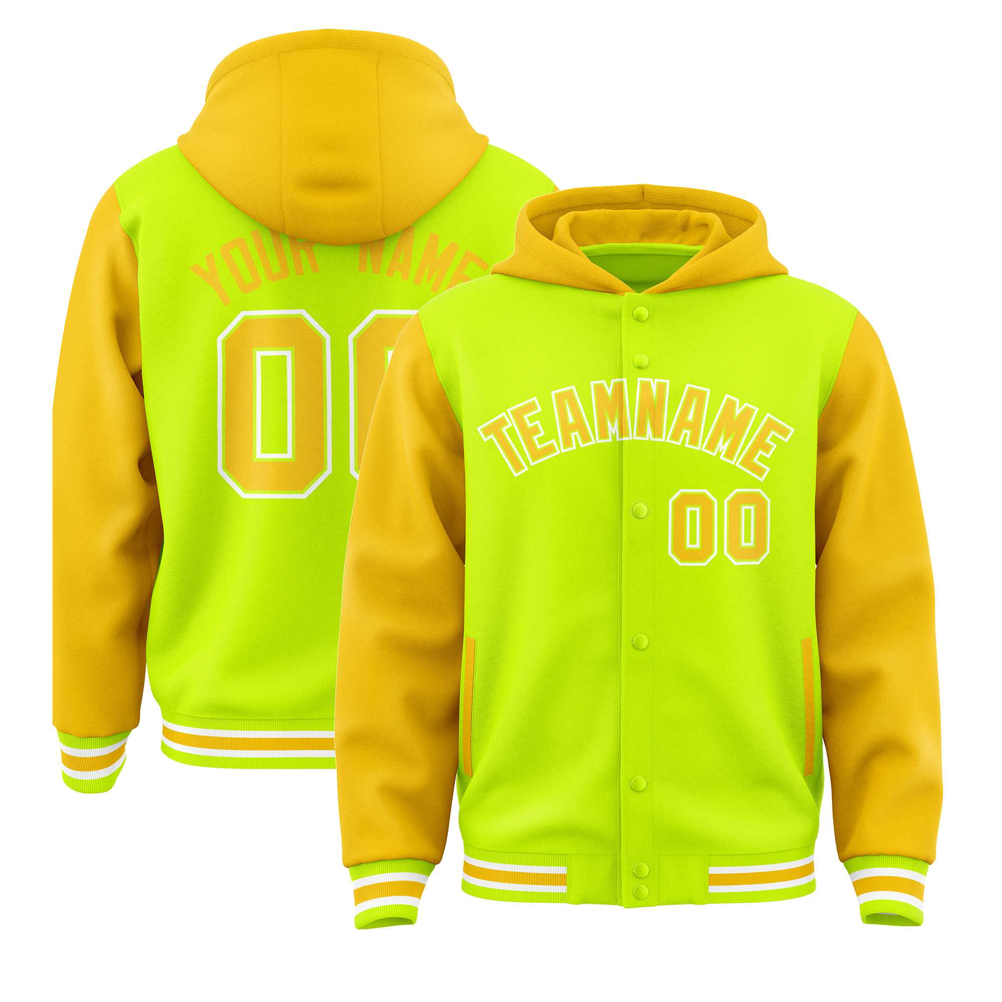 Custom Neon Green Gold Raglan Sleeves Varsity Full-Snap Letterman Two Tone Hoodie Jacket