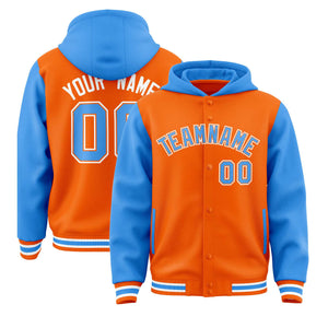 Custom Orange Powder Blue Raglan Sleeves Varsity Full-Snap Letterman Two Tone Hoodie Jacket