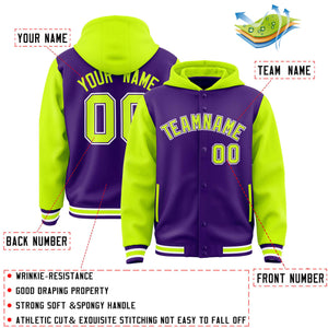 Custom Purple Neon Green Raglan Sleeves Varsity Full-Snap Letterman Two Tone Hoodie Jacket