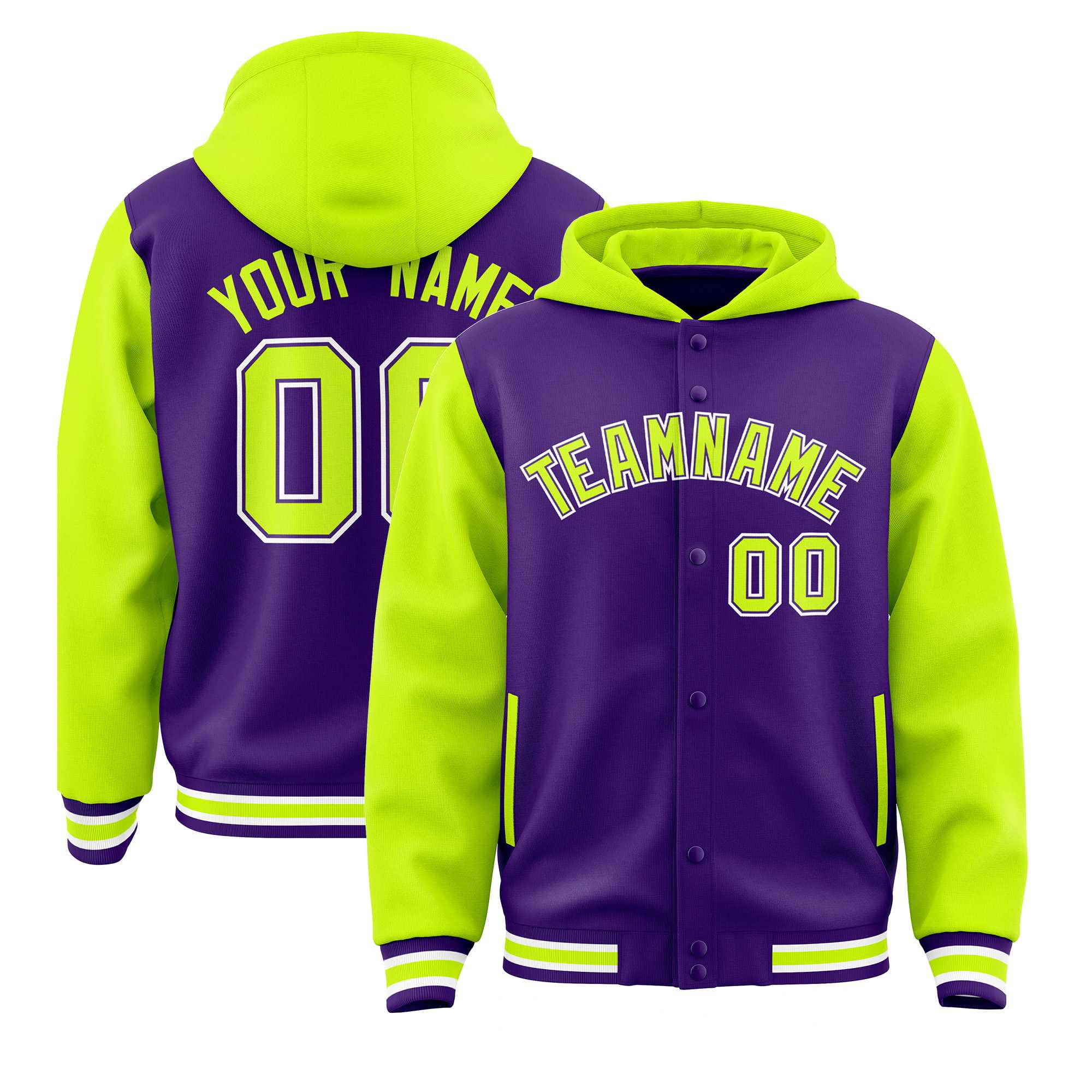 Custom Purple Neon Green Raglan Sleeves Varsity Full-Snap Letterman Two Tone Hoodie Jacket