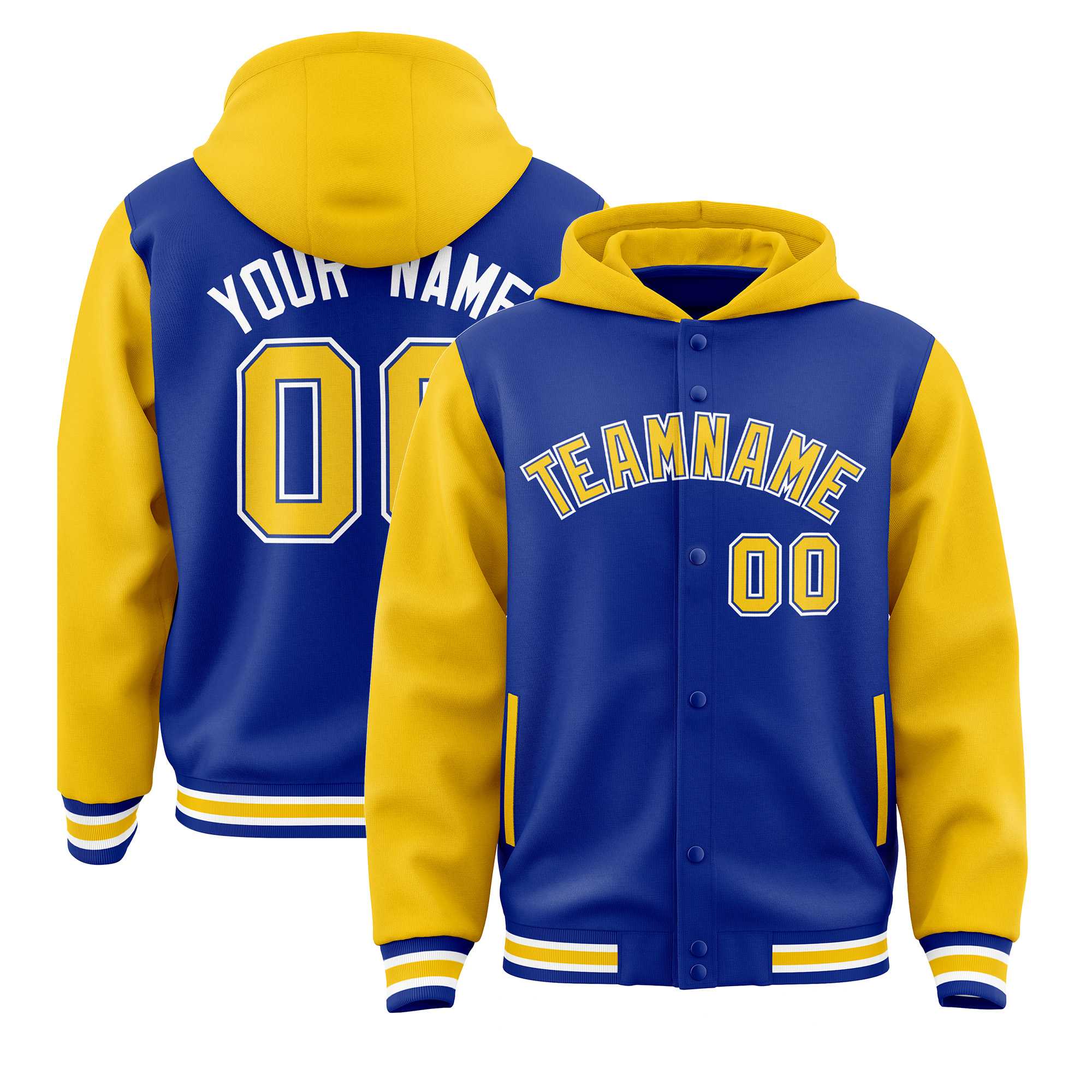 Custom Royal Gold Raglan Sleeves Varsity Full-Snap Letterman Two Tone Hoodie Jacket