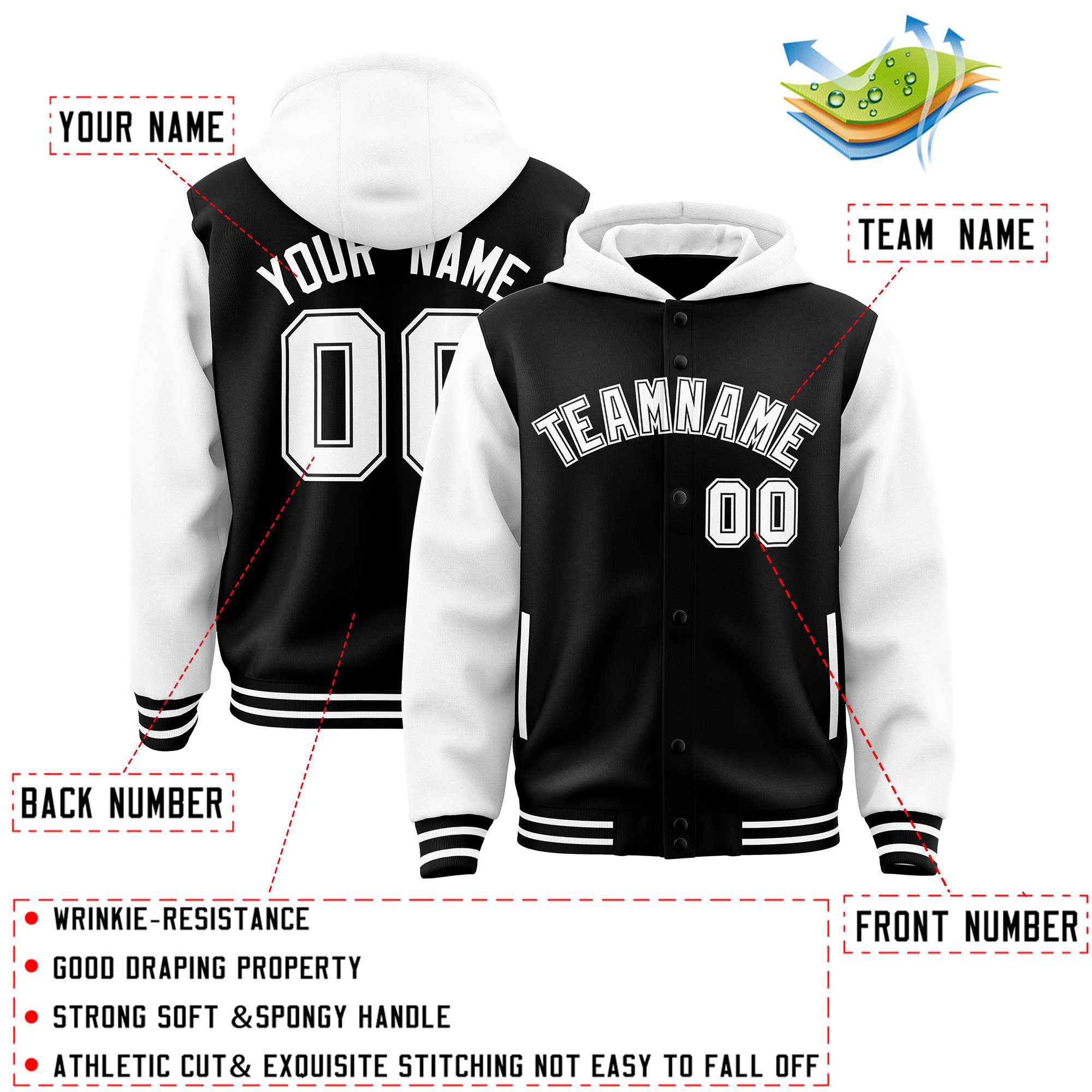 Custom Black White Raglan Sleeves Varsity Full-Snap Letterman Two Tone Hoodie Jacket