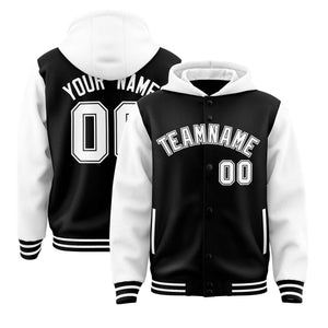 Custom Black White Raglan Sleeves Varsity Full-Snap Letterman Two Tone Hoodie Jacket