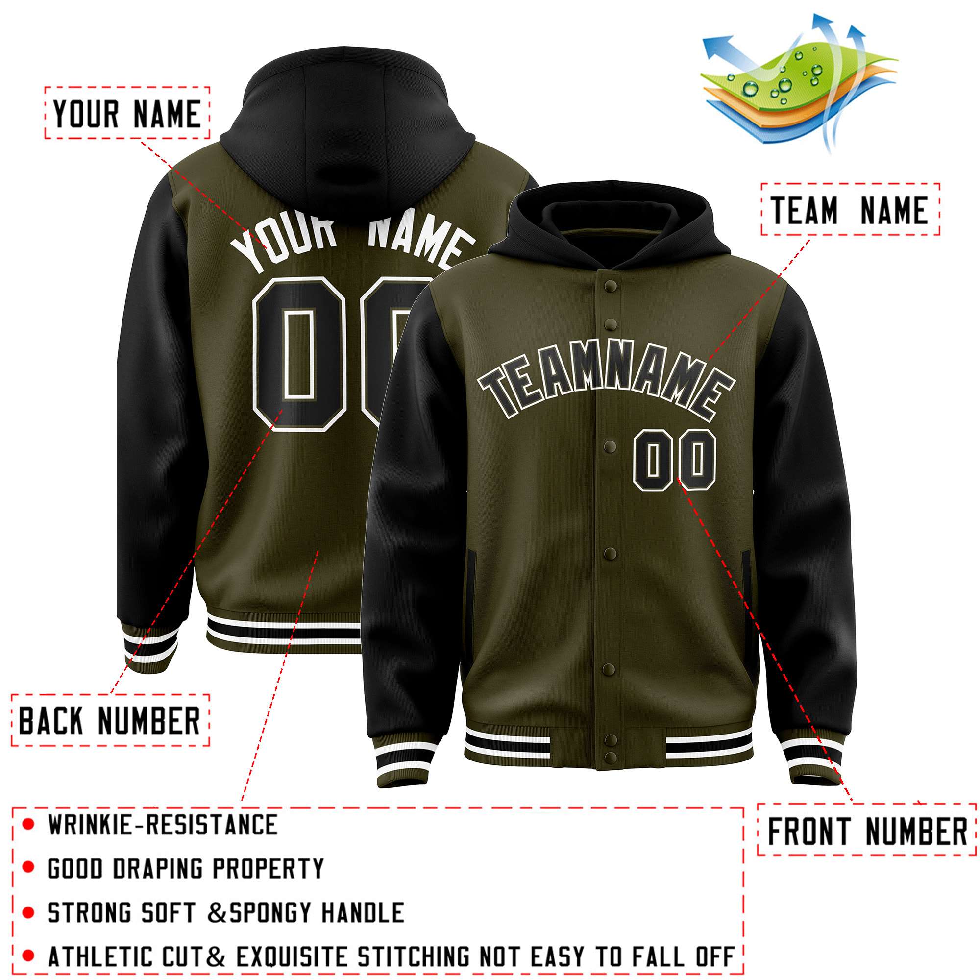 Custom Olive Black Raglan Sleeves Varsity Full-Snap Letterman Two Tone Hoodie Jacket