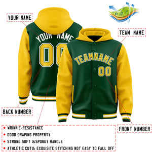 Custom Green Gold Raglan Sleeves Varsity Full-Snap Letterman Two Tone Hoodie Jacket