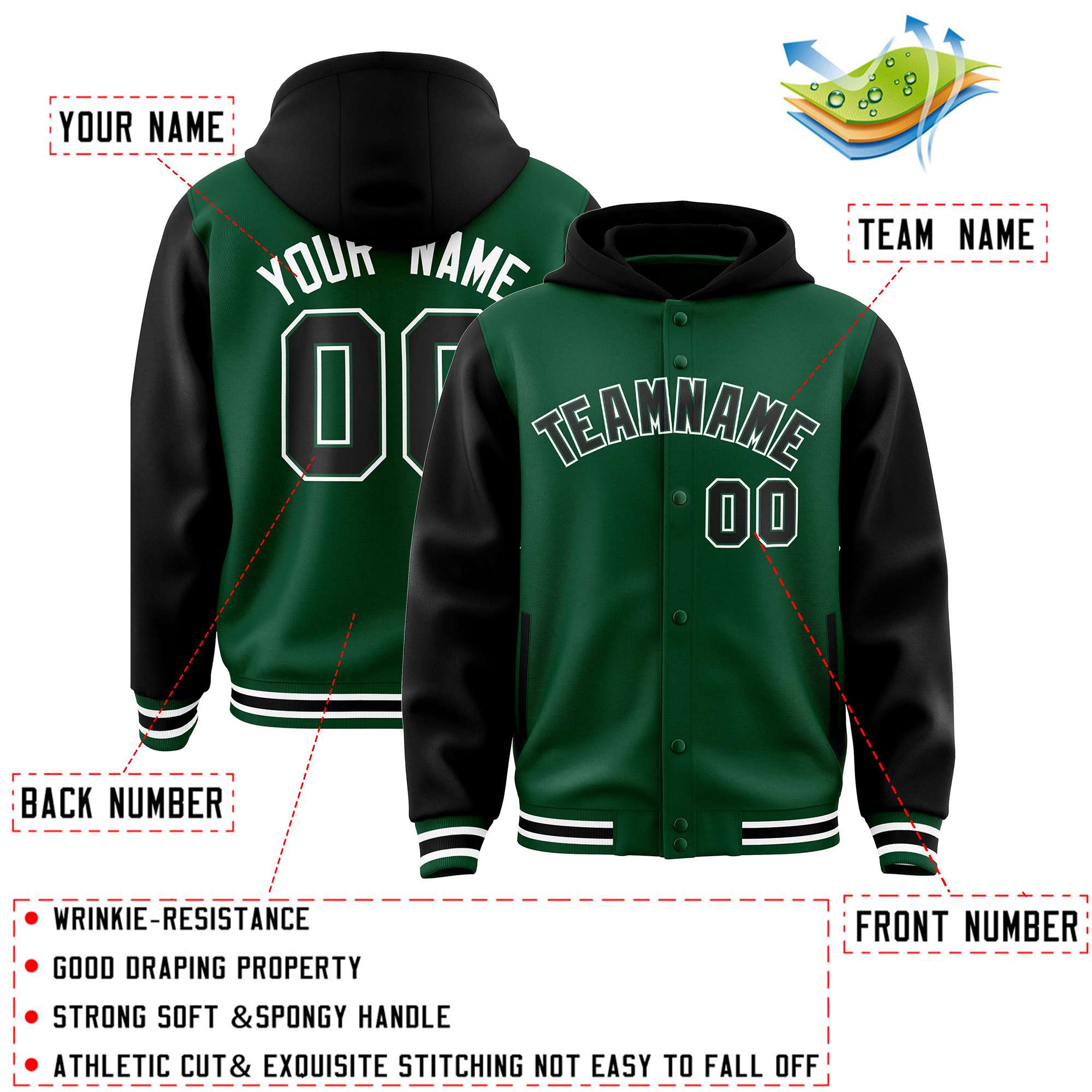 Custom Green Black Raglan Sleeves Varsity Full-Snap Letterman Two Tone Hoodie Jacket