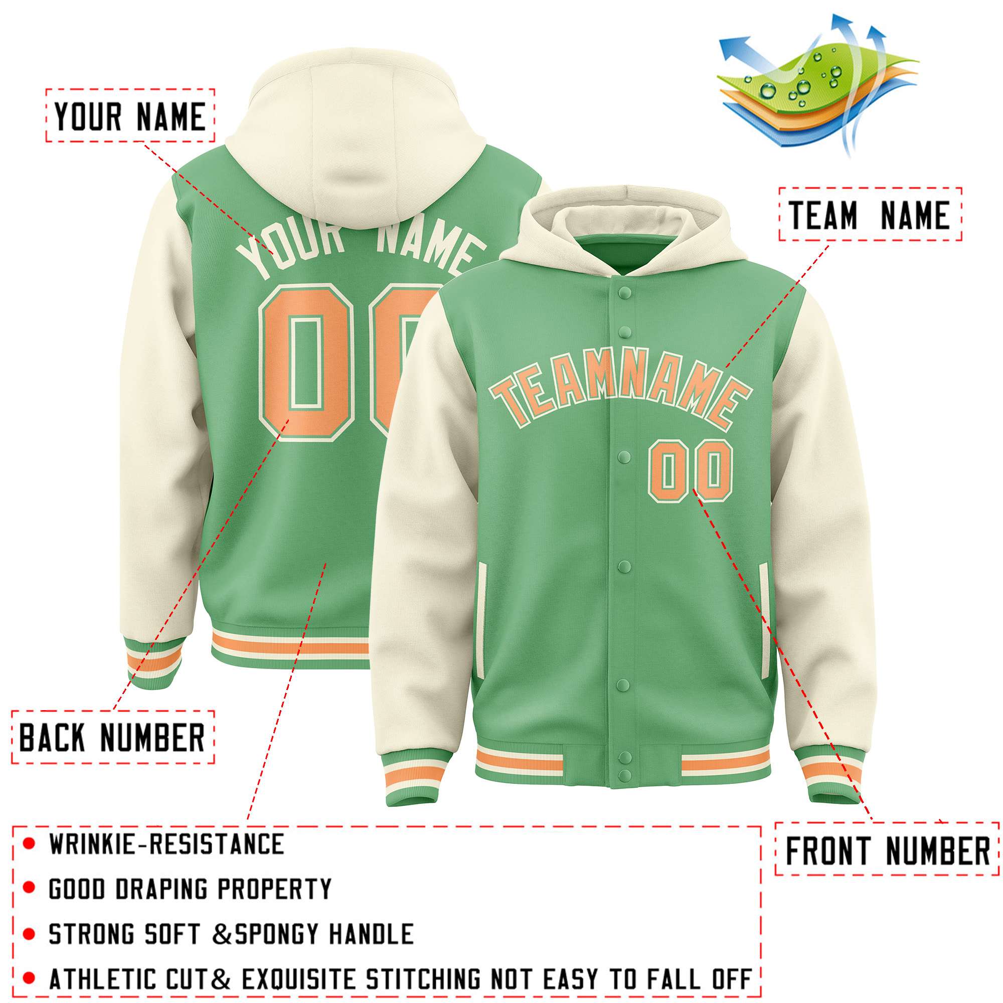 Custom Green Cream Raglan Sleeves Varsity Full-Snap Letterman Two Tone Hoodie Jacket