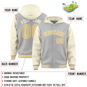 Custom Gray Cream Raglan Sleeves Varsity Full-Snap Letterman Two Tone Hoodie Jacket