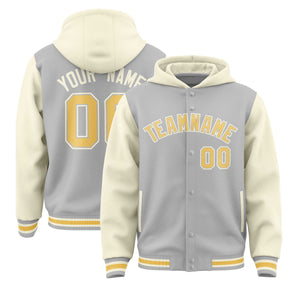 Custom Gray Cream Raglan Sleeves Varsity Full-Snap Letterman Two Tone Hoodie Jacket