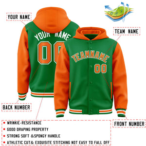 Custom Kelly Green Orange Raglan Sleeves Varsity Full-Snap Letterman Two Tone Hoodie Jacket