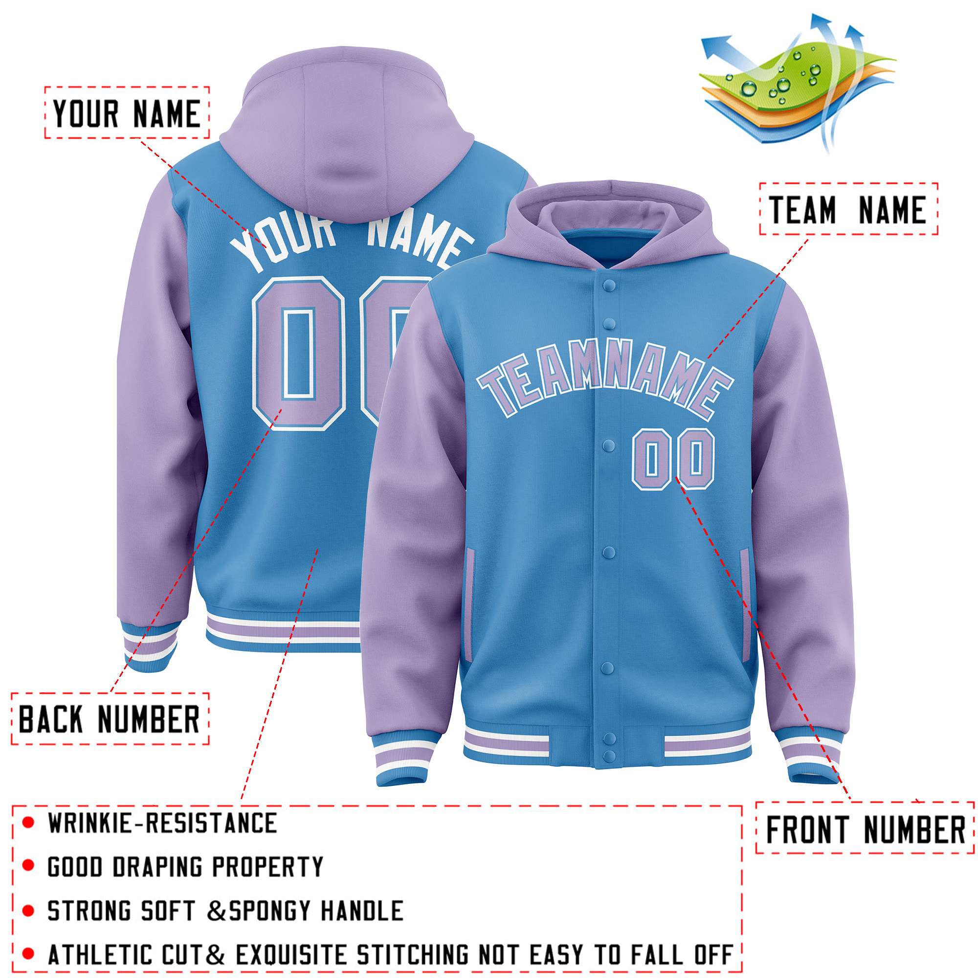 Custom Powder Blue Light Purple Raglan Sleeves Varsity Full-Snap Letterman Two Tone Hoodie Jacket