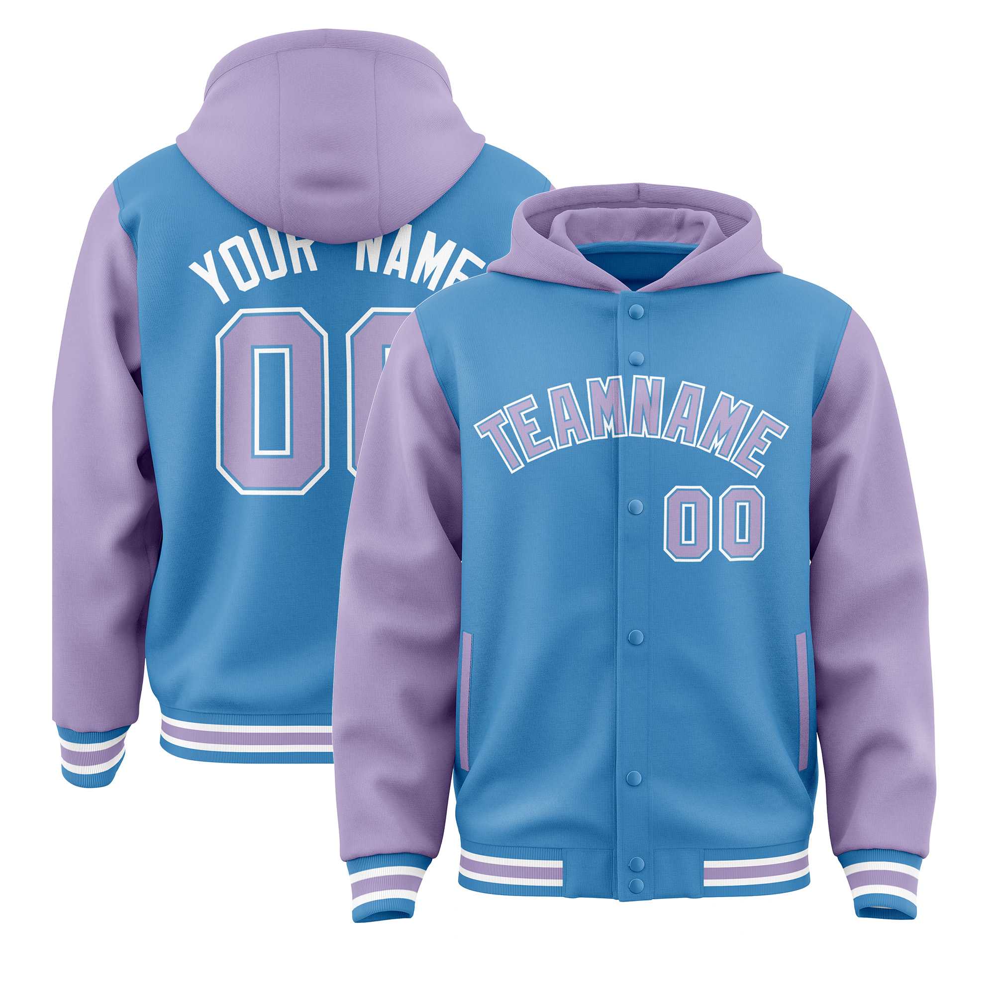 Custom Powder Blue Light Purple Raglan Sleeves Varsity Full-Snap Letterman Two Tone Hoodie Jacket