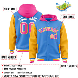 Custom Powder Blue Gold-Pink Raglan Sleeves Varsity Full-Snap Letterman Two Tone Hoodie Jacket