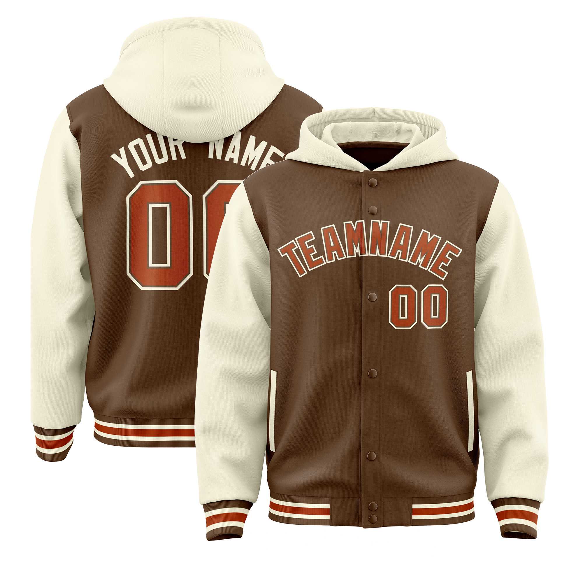 Custom Light Brown Cream Raglan Sleeves Varsity Full-Snap Letterman Two Tone Hoodie Jacket