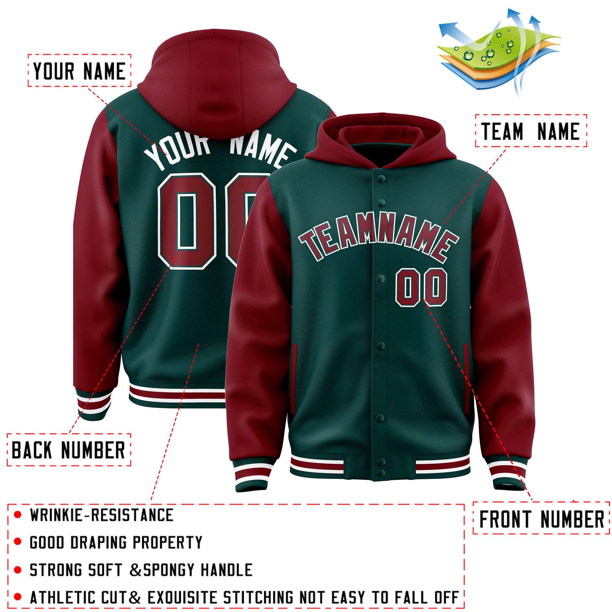 Custom Midnight Green Crimson Raglan Sleeves Varsity Full-Snap Letterman Two Tone Hoodie Jacket