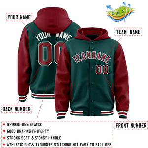 Custom Midnight Green Crimson Raglan Sleeves Varsity Full-Snap Letterman Two Tone Hoodie Jacket