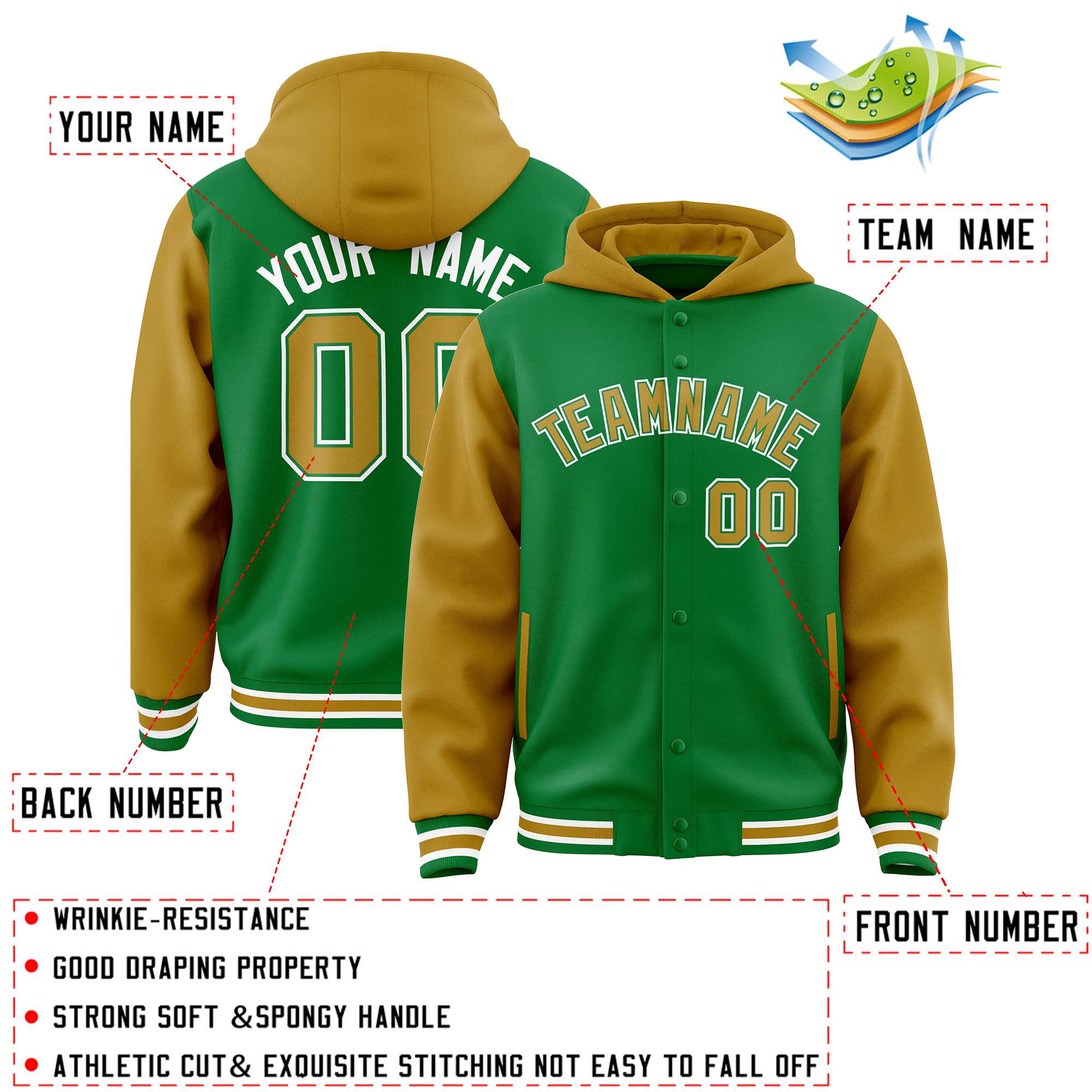 Custom Kelly Green Old Gold Raglan Sleeves Varsity Full-Snap Letterman Two Tone Hoodie Jacket