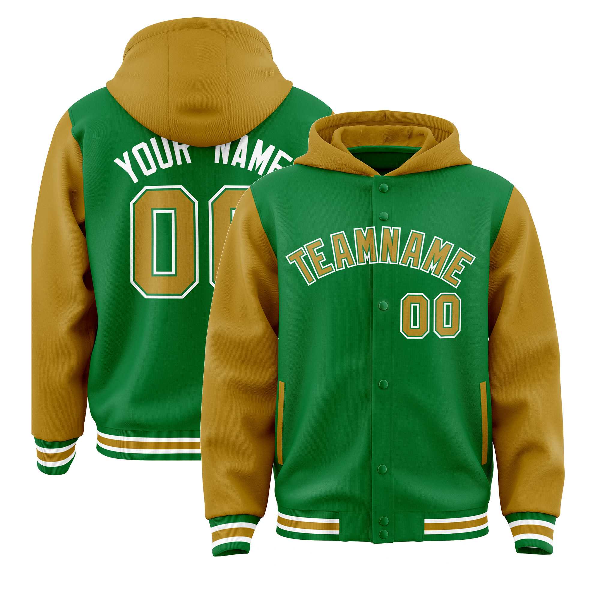 Custom Kelly Green Old Gold Raglan Sleeves Varsity Full-Snap Letterman Two Tone Hoodie Jacket