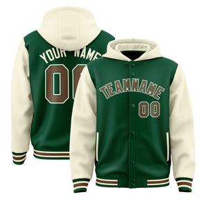 Custom Green Cream Raglan Sleeves Varsity Full-Snap Letterman Two Tone Hoodie Jacket