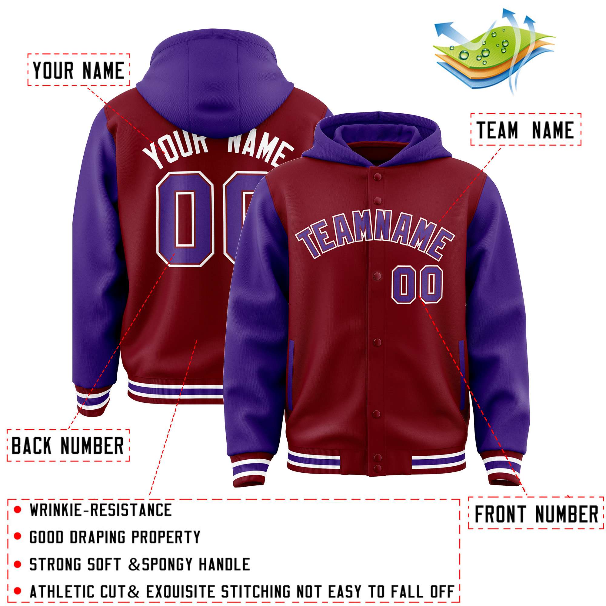 Custom Crimson Purple Raglan Sleeves Varsity Full-Snap Letterman Two Tone Hoodie Jacket