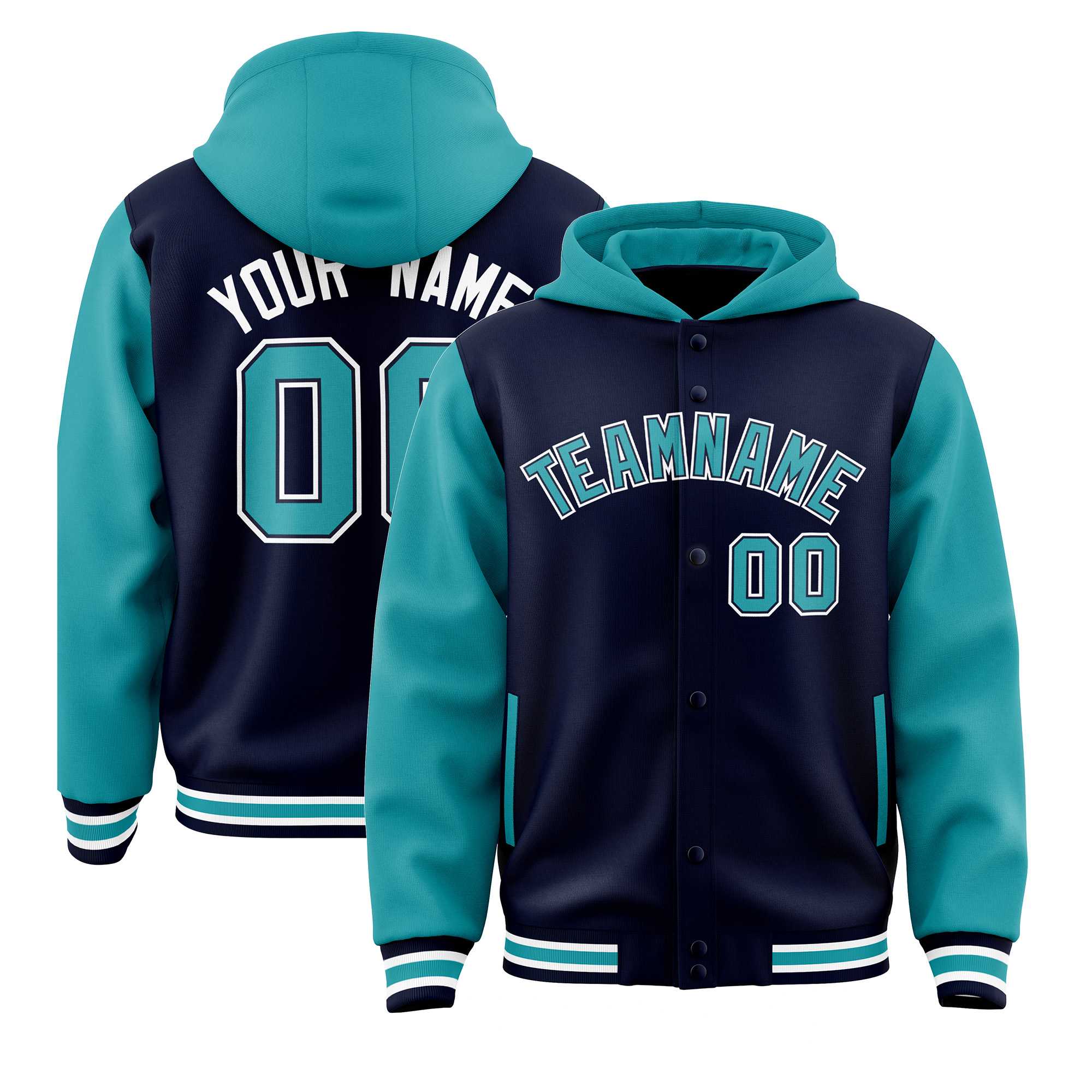 Custom Navy Aqua Raglan Sleeves Varsity Full-Snap Letterman Two Tone Hoodie Jacket