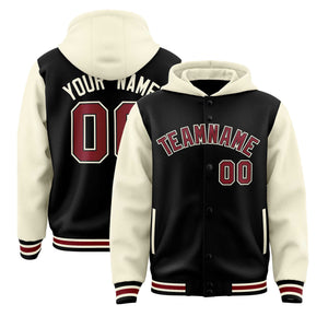 Custom Black Cream Raglan Sleeves Varsity Full-Snap Letterman Two Tone Hoodie Jacket