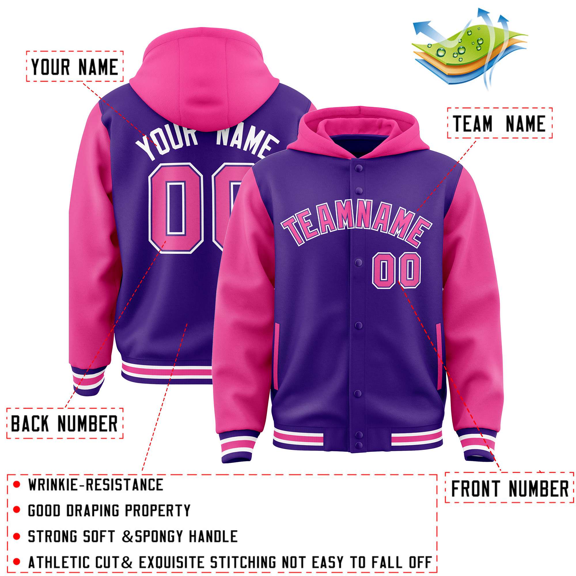 Custom Purple Pink Raglan Sleeves Varsity Full-Snap Letterman Two Tone Hoodie Jacket