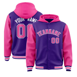 Custom Purple Pink Raglan Sleeves Varsity Full-Snap Letterman Two Tone Hoodie Jacket