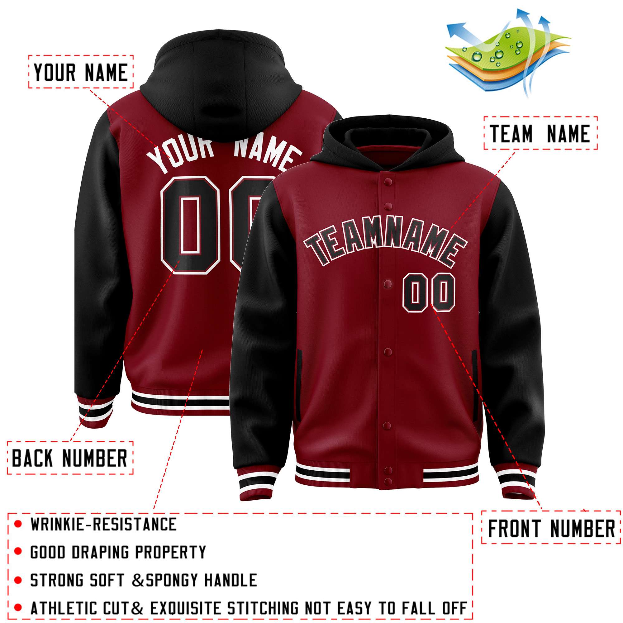 Custom Crimson Black Raglan Sleeves Varsity Full-Snap Letterman Two Tone Hoodie Jacket