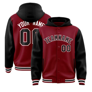 Custom Crimson Black Raglan Sleeves Varsity Full-Snap Letterman Two Tone Hoodie Jacket