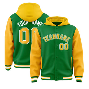 Custom Kelly Green Gold Raglan Sleeves Varsity Full-Snap Letterman Two Tone Hoodie Jacket