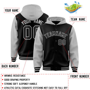 Custom Black Gray Raglan Sleeves Varsity Full-Snap Letterman Two Tone Hoodie Jacket