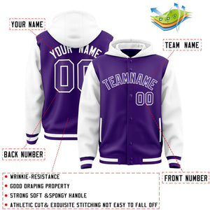 Custom Purple White Raglan Sleeves Varsity Full-Snap Letterman Two Tone Hoodie Jacket