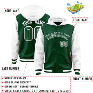 Custom Green White Raglan Sleeves Varsity Full-Snap Letterman Two Tone Hoodie Jacket