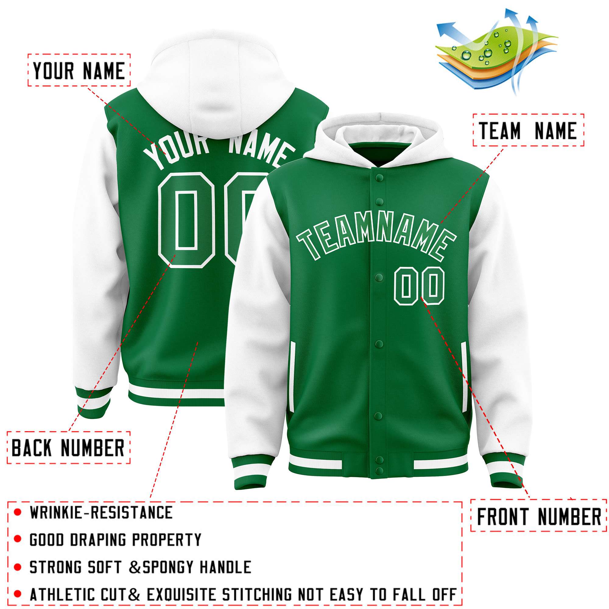 Custom Kelly Green White Raglan Sleeves Varsity Full-Snap Letterman Two Tone Hoodie Jacket