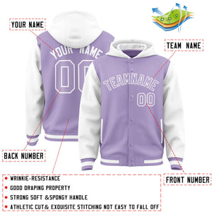 Custom Light Purple White Raglan Sleeves Varsity Full-Snap Letterman Two Tone Hoodie Jacket