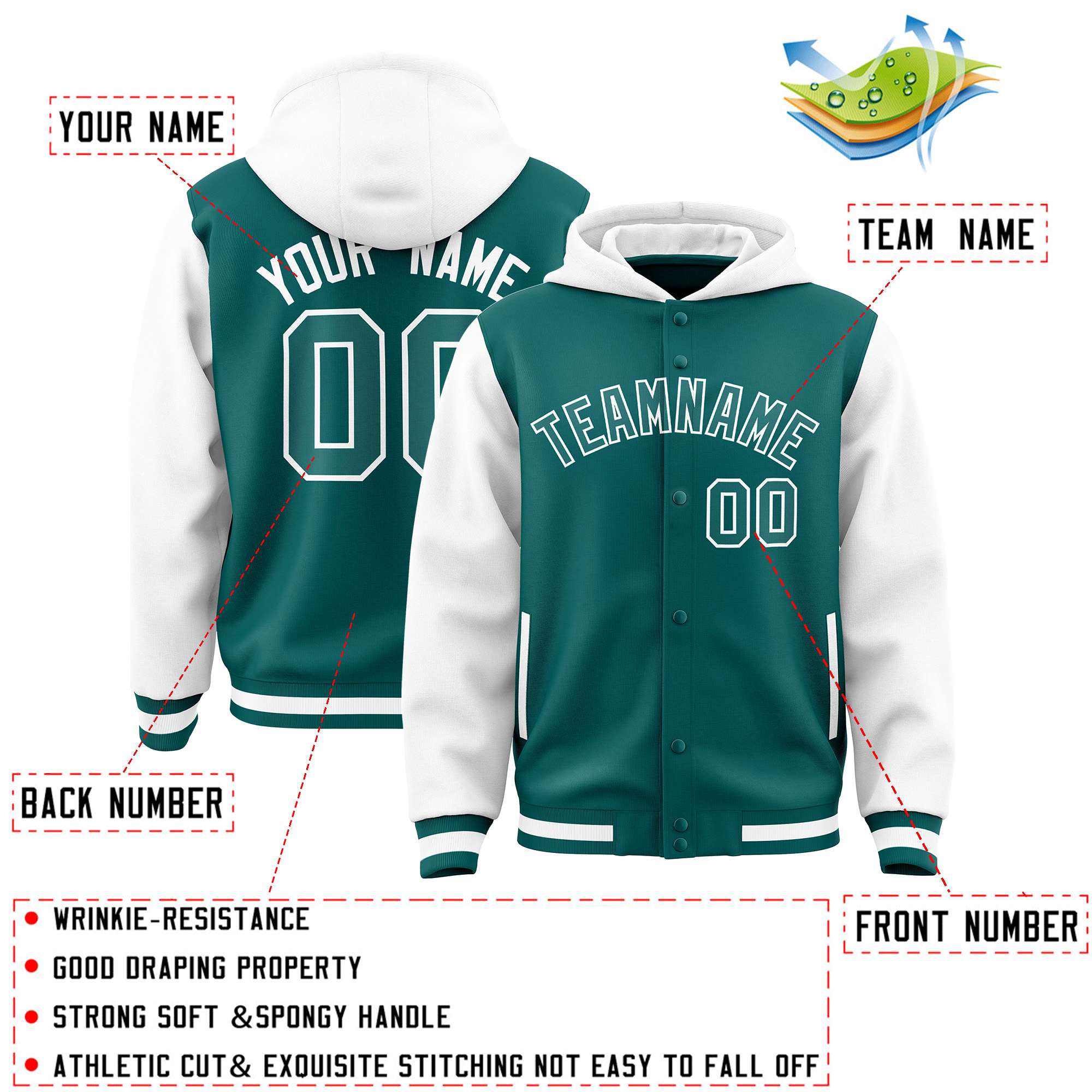 Custom Aqua White Raglan Sleeves Varsity Full-Snap Letterman Two Tone Hoodie Jacket