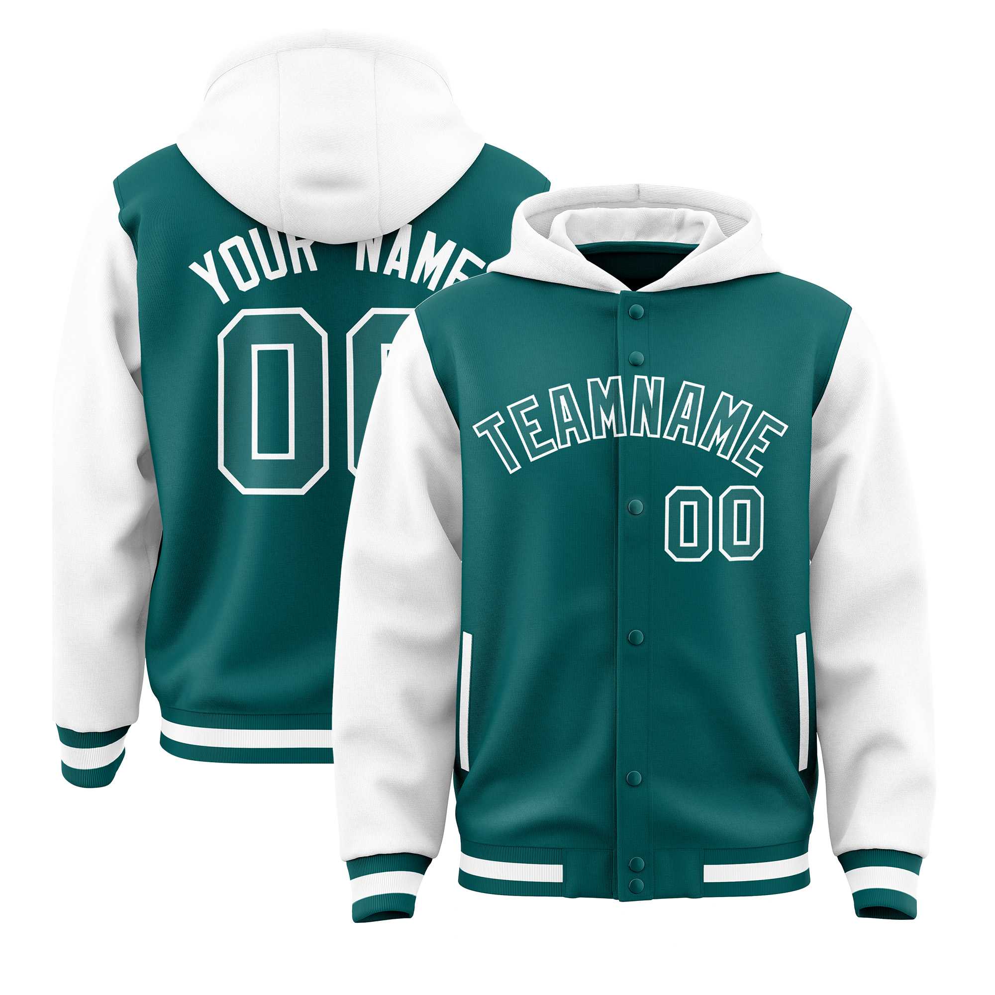 Custom Aqua White Raglan Sleeves Varsity Full-Snap Letterman Two Tone Hoodie Jacket