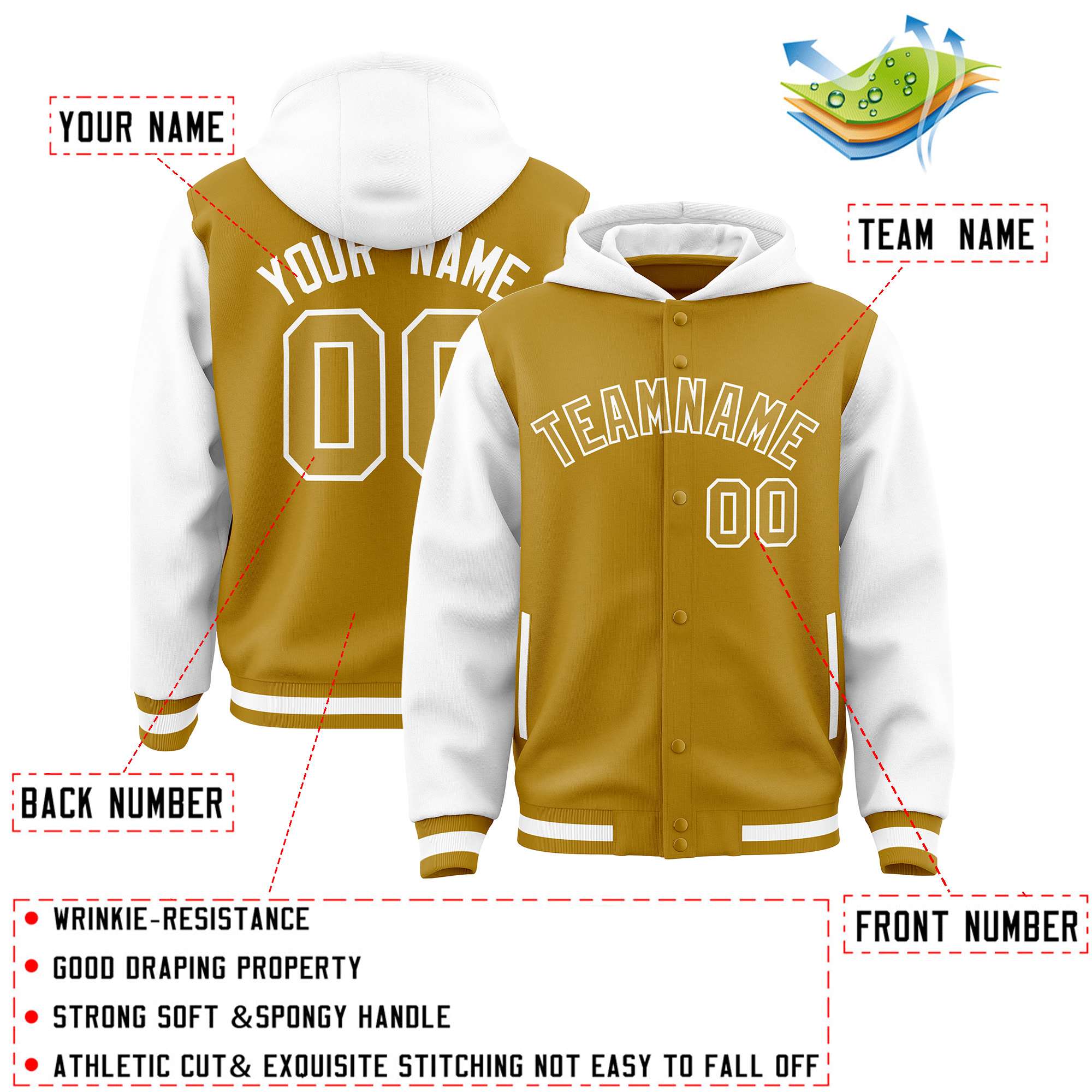 Custom Old Gold White Raglan Sleeves Varsity Full-Snap Letterman Two Tone Hoodie Jacket