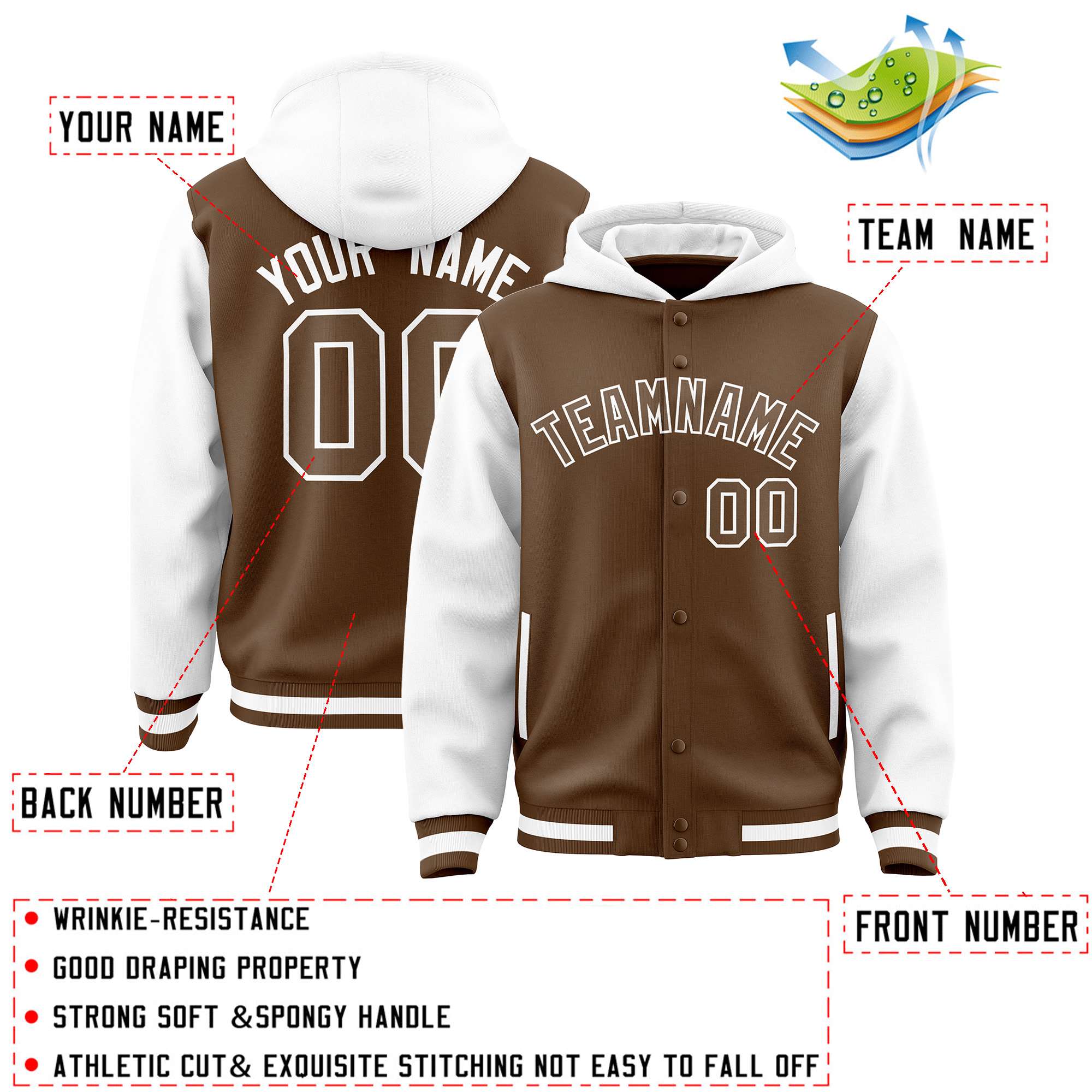 Custom Light Brown White Raglan Sleeves Varsity Full-Snap Letterman Two Tone Hoodie Jacket