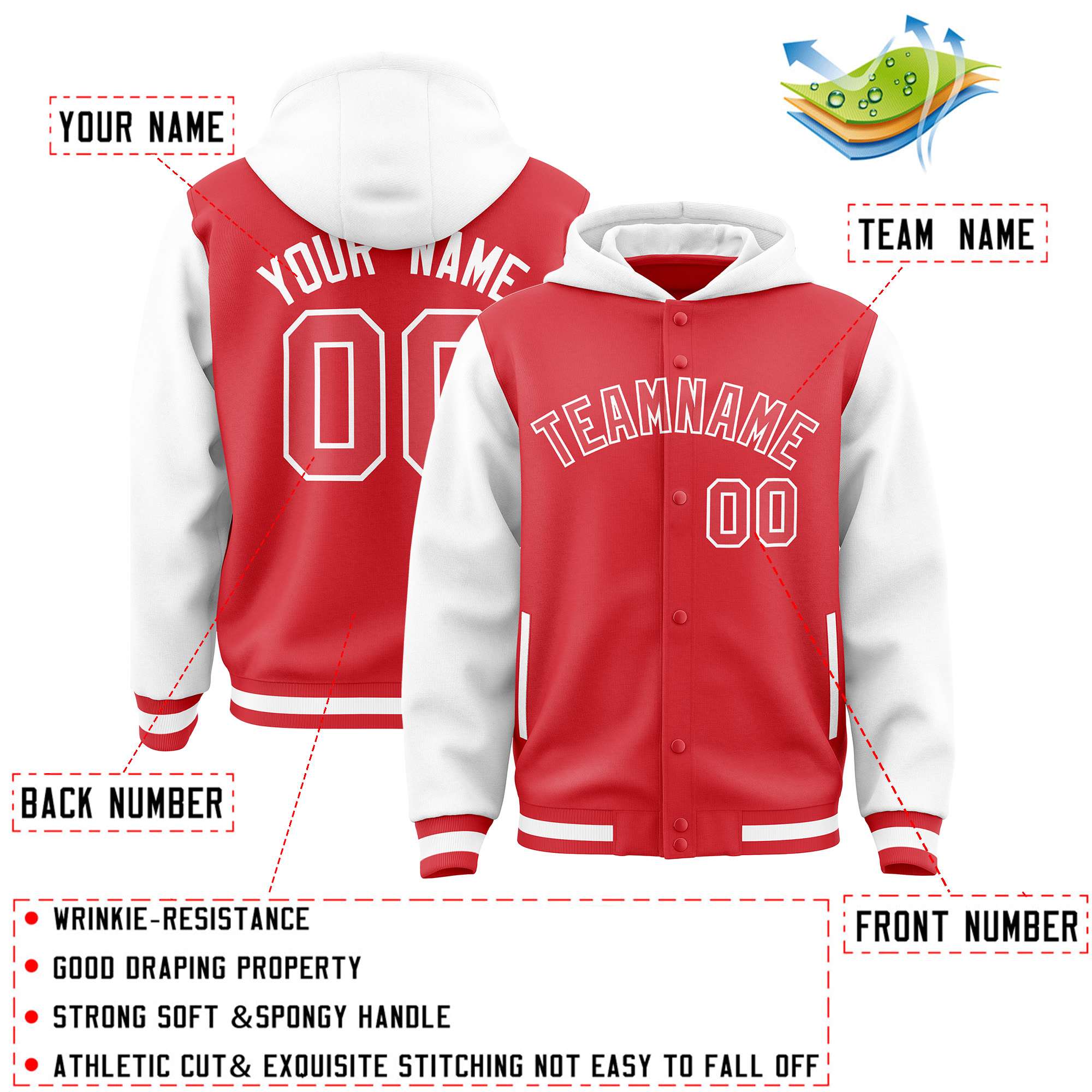 Custom Light Red White Raglan Sleeves Varsity Full-Snap Letterman Two Tone Hoodie Jacket