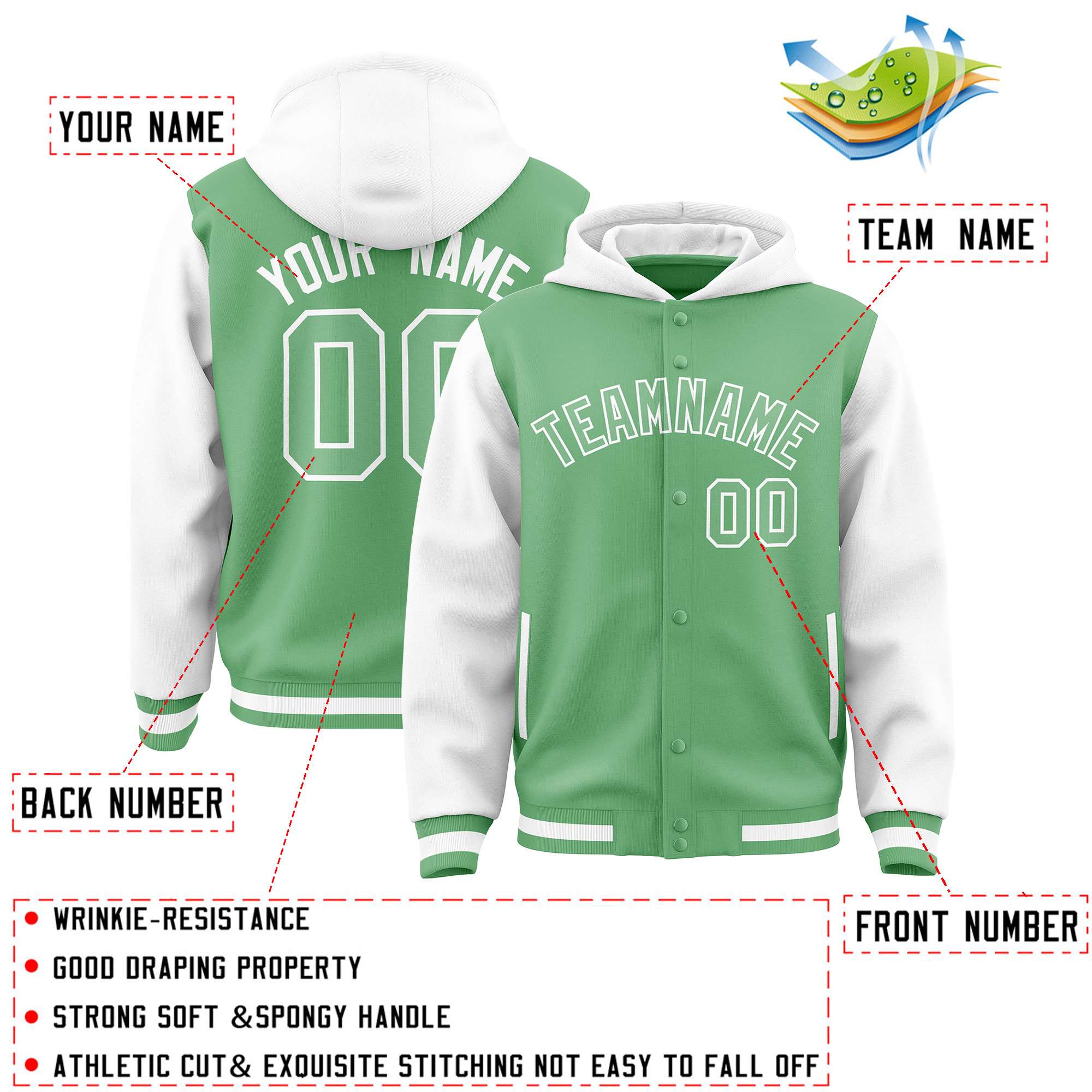 Custom Green White Raglan Sleeves Varsity Full-Snap Letterman Two Tone Hoodie Jacket