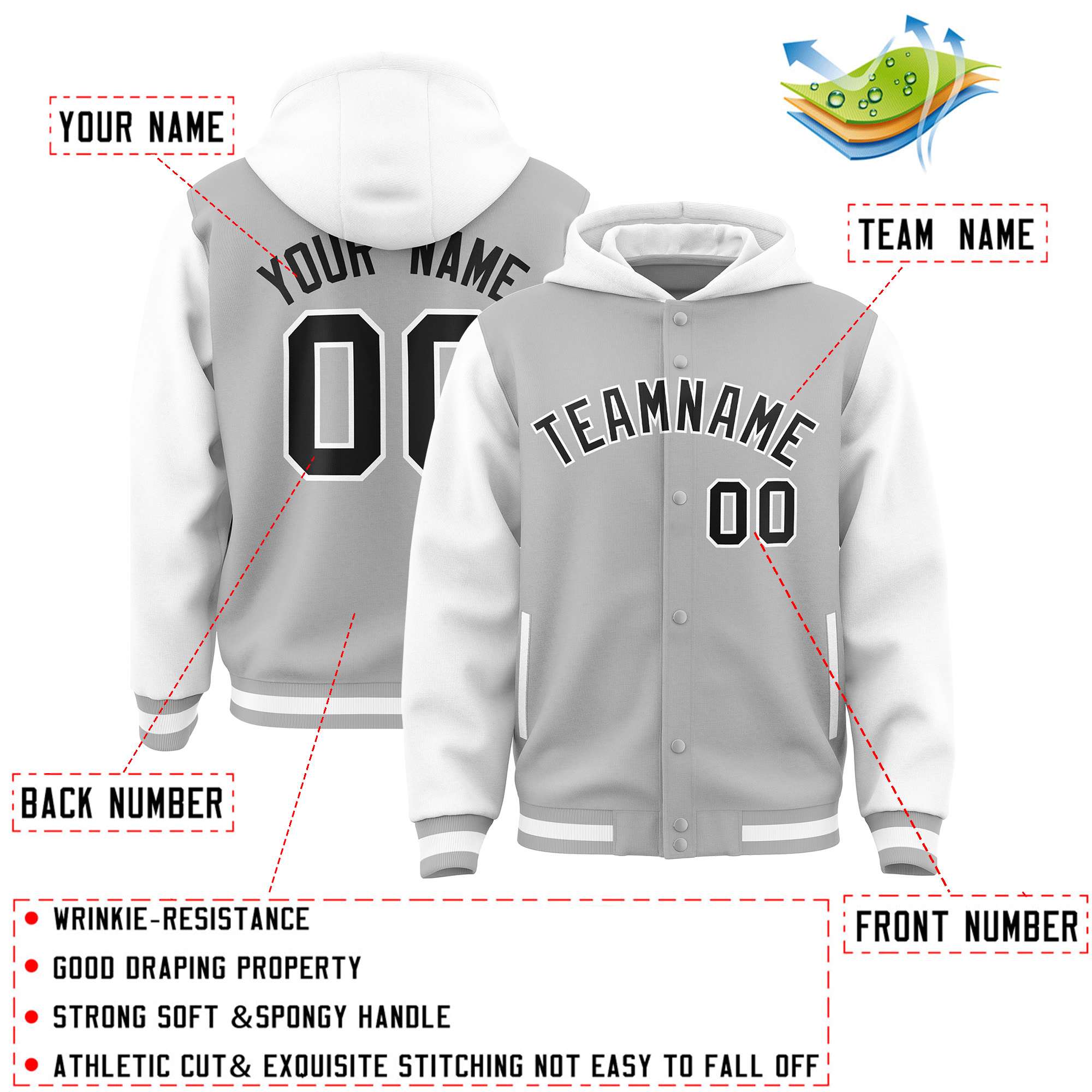 Custom Gray White Raglan Sleeves Varsity Full-Snap Letterman Two Tone Hoodie Jacket