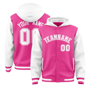 Custom Pink White Raglan Sleeves Varsity Full-Snap Letterman Two Tone Hoodie Jacket